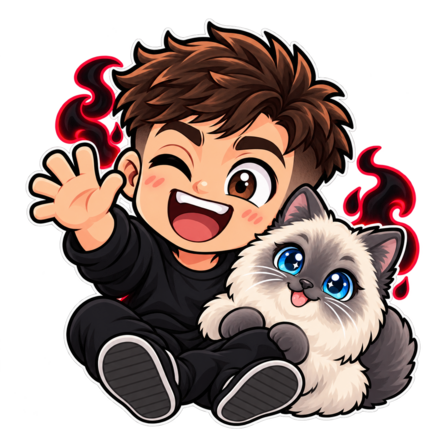 Cartoon jodgi waving with Torti, his blue-eyed ragdoll cat